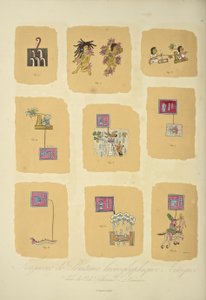 Fragmentos de pinturas hieroglíficas astecas, do Codex Telleriano-Remensis, ilustração de 