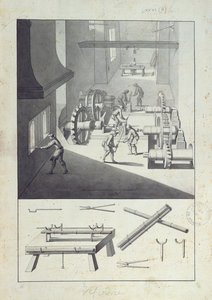 Fabrico de canhões, desenho para a &39;Description des Arts et Métiers&39;, de L. Simonneau, que inspirou Diderot para a Encyclopédie