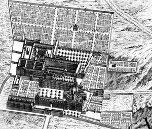 O Hospital de La Salpêtrière, detalhe do Plano de Paris, conhecido como o Plano de Turgot, gravado por Claude Lucas, 1734-39 detalhe da gravura de 233535