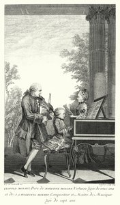 Leopold Mozart tocando música com sua filha Marianne e seu filho Wolfgang (gravura) de Louis Carrogis (after) Carmontelle