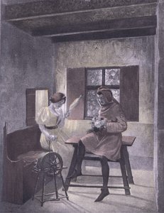 Simona spinning, ilustração de Decameron de Boccaccio publicada pela Sociedade Navarra dos anos 30 (litho)