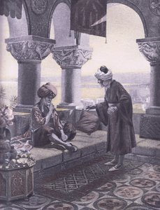 Os três anéis, ilustração de Decameron de Boccaccio publicada pela Sociedade Navarra dos anos 30 (litho)