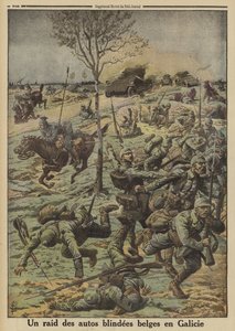 Carros blindados belgas ao serviço do exército russo do General Brusilov que atacam as tropas alemãs na Galiza, Primeira Guerra Mundial