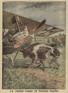 Vaca impedindo um avião alemão de decolar, Lutsk, Rússia, Primeira Guerra Mundial