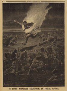 Soldado alemão carregando materiais inflamáveis transformados numa tocha humana durante uma batalha nocturna, a Primeira Guerra Mundial