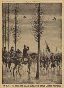 O Rei Alberto I e a Rainha Elisabeth dos Belgas revendo o seu novo exército, a Primeira Guerra Mundial. de Louis Charles (after) Bombled