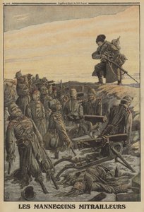 Soldado russo descobrindo uma trincheira alemã com metralhadoras tripuladas por soldados fictícios; Primeira Guerra Mundial de Louis Charles (after) Bombled