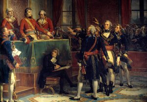 Os três cônsules: Bonaparte, Cambáceres e Lebrun recebendo os juramentos dos presidentes À direita, Emmanuel-Joseph (Emmanuel Joseph) Sieyes (1748-1836) e Pierre-Roger (Pierre Roger) Ducos (Roger Ducos) (1747-1816). Pintura de Louis Charles Auguste Coud