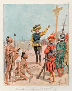 Bombled Louis (1862 - 1927); Jacques Cartier (1491 - 1557) tomou posse da Baía de Gaspe no Canadá em nome do Rei da França, François 1º em 1534 (Cartier aponta o brasão da França na cruz que tinha plantado); Histoire de la Nouvelle