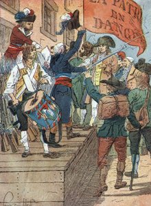 As guerras da Revolução Francesa: alistamentos voluntários após as derrotas da França na guerra entre a França revolucionária e as monarquias contra-revolucionárias, a assembleia francesa proclama o Perigo para a Pátria, 22 de Julho de 1792) Ilustração de  de Louis Charles Bombled
