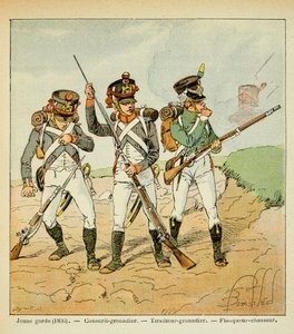 Ilustração de Bombled Louis (1862-1927) do livro "O Memorial de Santa Helena" do Conde Emmanuel de Las Cases (1766-1842): A Jovem Guarda de 1806: granadeiro recruta; granadeiro atirador e caçador de flancos, Coleção Particular de Louis Charles Bombled