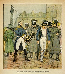 Ilustração de Bombled Louis (1862-1927) do livro "O Memorial de Santa Helena" do Conde Emmanuel de Las Cases (1766-1842): Um ex-oficial de Napoleão, em restauração, pede aos antigos recrutas que rejeitem o regime imperial, Coleção Parcial de Louis Charles Bombled