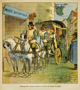 Ilustração de Bombled Louis (1862-1927) do livro "O Memorial de Santa Helena" do Conde Emmanuel de Las Cases (1766-1842): O Imperador Napoleão vai de carro ao encontro de sua esposa Marie Louise em 1810, Coleção Particular de Louis Charles Bombled
