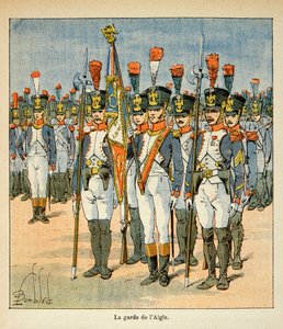 Ilustração de Bombled Louis (1862-1927) do livro "O Memorial de Santa Helena" do Conde Emmanuel de Las Cases (1766-1842): A Guarda da Águia (criada por Napoleão para proteger a bandeira), Coleção Particular de Louis Charles Bombled