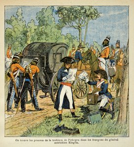 Ilustração de Bombled Louis (1862-1927) do livro "O Memorial de Santa Helena" do Conde Emmanuel de Las Cases (1766-1842): Durante a passagem do Reno, Moreau descobre a correspondência entre Pichegru e o Príncipe de Conde nas vans de de Louis Charles Bombled