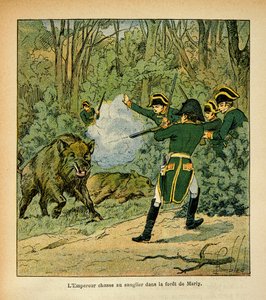 Ilustração de Bombled Louis (1862-1927) do livro "O Memorial de Santa Helena" do Conde Emmanuel de Las Cases (1766-1842): O Imperador Napoleão caça o javali na floresta de Marly, Coleção Particular de Louis Charles Bombled