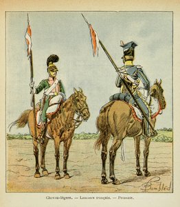 Ilustração de Bombled Louis (1862-1927) do livro "O Memorial de Santa Helena" do Conde Emmanuel de Las Cases (1766-1842): Os Cavalos Leves da Guarda: Lancier francês e polaco, Coleção Particular de Louis Charles Bombled