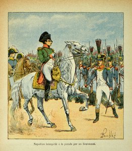 Ilustração de Bombled Louis (1862-1927) do livro "O Memorial de Santa Helena" do Conde Emmanuel de Las Cases (1766-1842): Napoleão convoca um desfile de um tenente, Coleção Particular de Louis Charles Bombled