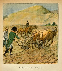 Ilustração de Bombled Louis (1862-1927) do livro "O Memorial de Santa Helena" do Conde Emmanuel de Las Cases (1766-1842): Em Santa Helena, O Imperador Napoleão traça um sulco até a charrua, Coleção Particular de Louis Charles Bombled