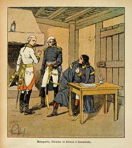 Ilustração de Bombled Louis (1862-1927) do livro "O Memorial de Santa Helena" do Conde Emmanuel de Las Cases (1766-1842): Bonaparte, Jean Mathieu Philibert Serrurier (1742-1819) e Johann von Klenau (1758-1819) em Roverbello durante o Ca de Louis Charles Bombled