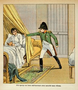 Ilustração de Bombled Louis (1862-1927) do livro "O Memorial de Santa Helena" do Conde Emmanuel de Las Cases (1766-1842): Napoleão desperta Las Cases na cama em Santa Helena, Coleção Particular de Louis Charles Bombled