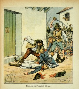 Ilustração de Bombled Louis (1862-1927) do livro "O Memorial de Santa Helena" do Conde Emmanuel de Las Cases (1766-1842): Massacre de soldados franceses em Verona, Coleção Particular de Louis Charles Bombled