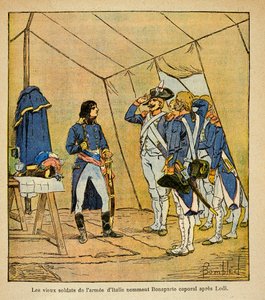 Ilustração de Bombled Louis (1862-1927) do livro "O Memorial de Santa Helena" do Conde Emmanuel de Las Cases (1766-1842): Os antigos soldados do exército italiano, nomeados Cabo Bonaparte após a Batalha de Lodi em 1796, Coleção Privada de Louis Charles Bombled