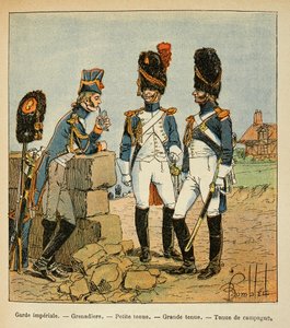 Ilustração de Bombled Louis (1862-1927) do livro "O Memorial de Santa Helena" do Conde Emmanuel de Las Cases (1766-1842): Grenadiers da Guarda Imperial: Roupa pequena; roupa grande e roupa de campo, coleção privada de Louis Charles Bombled