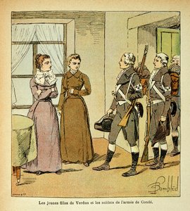 Ilustração de Bombled Louis (1862-1927) do livro "O Memorial de Santa Helena" do Conde Emmanuel de Las Cases (1766-1842): As Jovens Filhas de Verdun e os Soldados da Armee des Emigrres (Armee des Emigrres), Coleção Particular de Louis Charles Bombled
