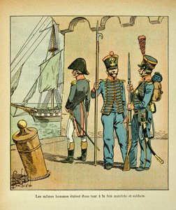 Ilustração de Bombled Louis (1862-1927) do livro "O Memorial de Santa Helena" do Conde Emmanuel de Las Cases (1766-1842): Marinheiro e soldado francês, Coleção Privada de Louis Charles Bombled