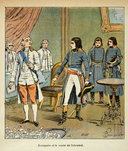Ilustração de Bombled Louis (1862-1927) do livro "The Memorial of St. Helene" do Conde Emmanuel de Las Cases (1766-1842): Entrevista entre Bonaparte e o Conde Louis Cobenzl, Chanceler da Áustria durante o comércio de Campo Formio, Coleção Privada de Louis Charles Bombled