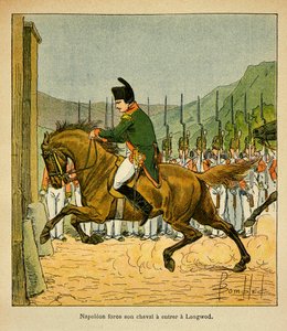 Ilustração de Bombled Louis (1862-1927) do livro "The Memorial of St. Helene" do Conde Emmanuel de Las Cases (1766-1842): O Imperador Napoleão força seu cavalo a entrar em Longwood em St. Helene, Coleção Particular de Louis Charles Bombled