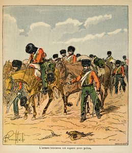 Ilustração de Bombled Louis (1862-1927) do livro "The Memorial of St. Helene" do Conde Emmanuel de Las Cases (1766-1842): O exército imperioso atravessa com dificuldade as planícies russas antes de Moscou, Coleção Privada de Louis Charles Bombled