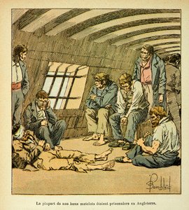 Ilustração de Bombled Louis (1862-1927) do livro "The memorial se Sainte Helene" do Conde Emmanuel de Las Cases (1766-1842): Prisioneiros franceses no pontão inglês, coleção privada de Louis Charles Bombled