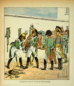Ilustração de Bombled Louis (1862-1927) do livro "The memorial se Sainte Helene" do Conde Emmanuel de Las Cases (1766-1842): O Imperador Napoleão inspeciona a escola de Saint Germain, Coleção Particular de Louis Charles Bombled