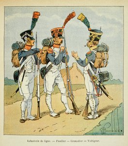 Ilustração de Bombled Louis (1862-1927) do livro "O Memorial de Santa Helena" do Conde Emmanuel de Las Cases (1766-1842): Armee Francaise: Linha de infantaria: Fusilier, granadeiro e voltiger, coleção privada de Louis Charles Bombled