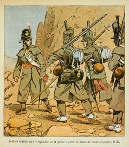 Ilustração de Bombled Louis (1862-1927) do livro "O Memorial de Santa Helena" do Conde Emmanuel de Las Cases (1766-1842): Soldados Ingleses do 1º Regimento da Guarda em uma bancada (Espanha 1814), Coleção Particular de Louis Charles Bombled