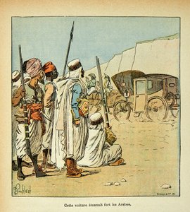 Ilustração de Bombled Louis (1862-1927) do livro "O Memorial de Santa Helena" do Conde Emmanuel de Las Cases (1766-1842): Expedição ao Egipto. Egípcios surpreendidos por tripulações francesas, Coleção Privada de Louis Charles Bombled