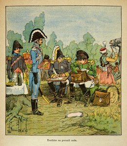 Ilustração de Bombled Louis (1862-1927) do livro "O Memorial de Santa Helena" do Conde Emmanuel de Las Cases (1766-1842): O marechal Louis Alexandre Berthier (1753-1815) anota as ordens de Napoleão, Coleção Parcial de Louis Charles Bombled