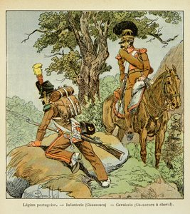 Ilustração de Bombled Louis (1862-1927) do livro "O Memorial de Santa Helena" do Conde Emmanuel de Las Cases (1766-1842): Legião Portuguesa: Infantaria (caçadores) e cavalaria (caçadores a cavalo), coleção privada de Louis Charles Bombled