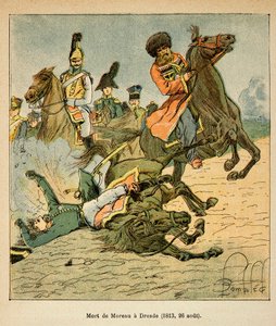 Ilustração de Bombled Louis (1862-1927) do livro "O Memorial de Santa Helena" do Conde Emmanuel de Las Cases (1766-1842): Morte do General Jean Victor Marie Moreau (1763-1813) na Batalha de Dresden em 26 de agosto de 1813, Coleção Particular de Louis Charles Bombled