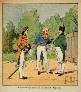 Ilustração de Bombled Louis (1862-1927) do livro "O Memorial de Santa Helena" do Conde Emmanuel de Las Cases (1766-1842): A Santa Helena, capitã inglesa presente ao imperador Napoleão um tenente, Coleção Particular de Louis Charles Bombled