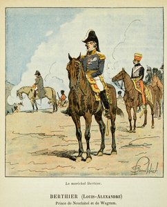 Ilustração de Bombled Louis (1862-1927) do livro "O Memorial de Santa Helena" do Conde Emmanuel de Las Cases (1766-1842): Retrato equestre do marechal Louis Alexandre Berthier (1753-1815), Príncipe de Neufchatel e de Wagram, Private Collect de Louis Charles Bombled