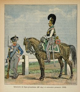 Ilustração de Bombled Louis (1862-1927) do livro "O Memorial de Santa Helena" do Conde Emmanuel de Las Cases (1766-1842): Infantaria da linha prussiana (42, regimento eme) e navios de guerra prussianos de Louis Charles Bombled