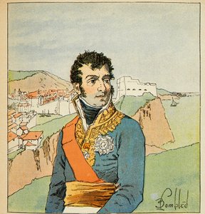 Ilustração de Bombled Louis (1862-1927) do livro "O Memorial de Santa Helena" do Conde Emmanuel de Las Cases (1766-1842): Retrato do marechal Auguste Frederic Louis (Auguste-Frederic-Louis) de Viesse de Marmont (1774-1852), Duque de Raguse, Pr de Louis Charles Bombled