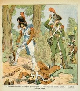 Ilustração de Bombled Louis (1862-1927) do livro "O Memorial de Santa Helena" do Conde Emmanuel de Las Cases (1766-1842): Tropas Italianas, Legião Piemontaise: Infantaria de Batalha (1806, Legião Itálica (1800), Coleção Privada de Louis Charles Bombled