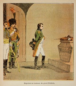 Ilustração de Bombled Louis (1862-1927) do livro "The Memorial of St. Helene" do Conde Emmanuel de Las Cases (1766-1842): Napoleão meditando no caixão de Frederic II da Prússia, na cripta de GarnisonKirche, em Potsdam, em 1806, Coleção Privada de Louis Charles Bombled