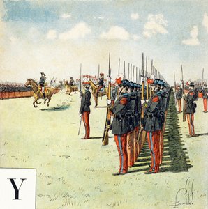 Carta Y: alunos da escola militar de Saint Cyr (Saint-Cyr), "Je serai soldat"( Serei um soldado) - Alfabeto militar de Louis Charles Bombled