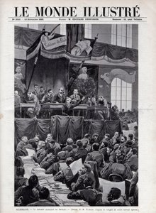Discurso por August Bebel (1840-1913) durante o Congresso Socialista de Breslau na ALEMANHA em 1895 - Gravura em "O Mundo Ilustrado" de 1895 - Desenho de Bombardeado. de Louis Charles Bombled