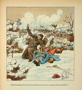 A Armee of the Loire de Eugene Sergeant, dit Grenest, ilustrada por Louis Bombled (1862-1927) (Guerra Franco-Alemã; campanha de 1870-1871): Abbe Fouqueray, irmão de um Pontifício Zouave, é morto no corpo do Capitão Bellevue, Coleção Privada de Louis Charles Bombled